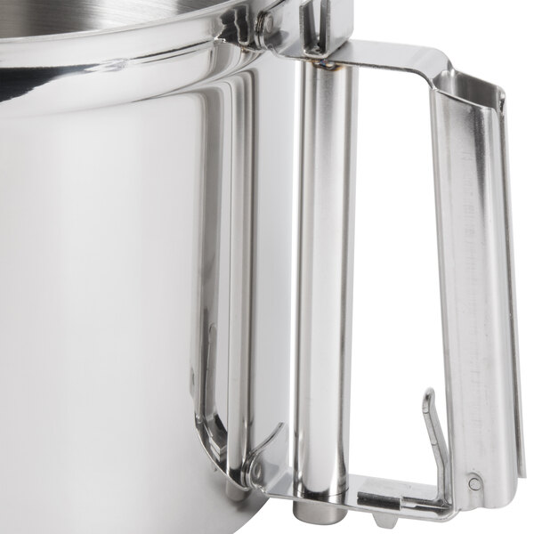 A Robot Coupe stainless steel bowl assembly with a handle.