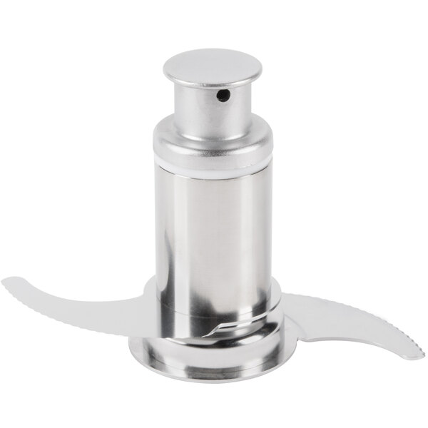 a silver blender with blades