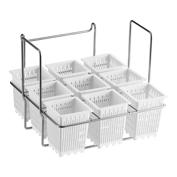 A white rack with metal rods holding nine white containers with metal handles.