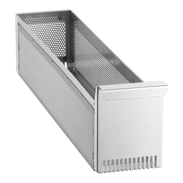 A stainless steel metal mesh tray with a hole in the middle.