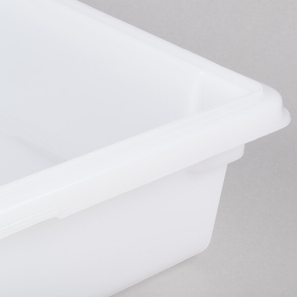 A white Rubbermaid polyethylene food storage box with a lid.