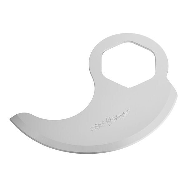 A Robot Coupe straight blade with a round hole in the center.