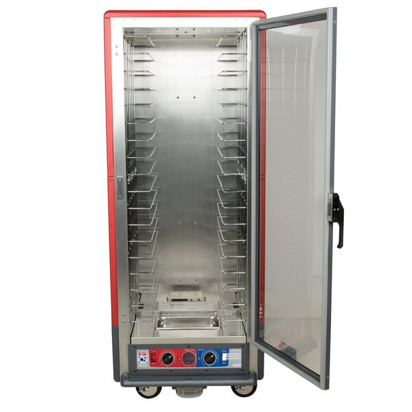 A red and silver Metro C5 heated holding and proofing cabinet with a clear door.