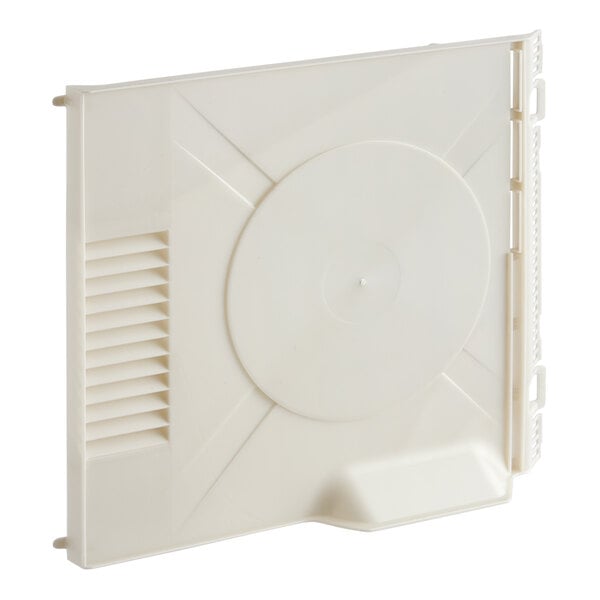 A white plastic cover with a vent over a white circle.