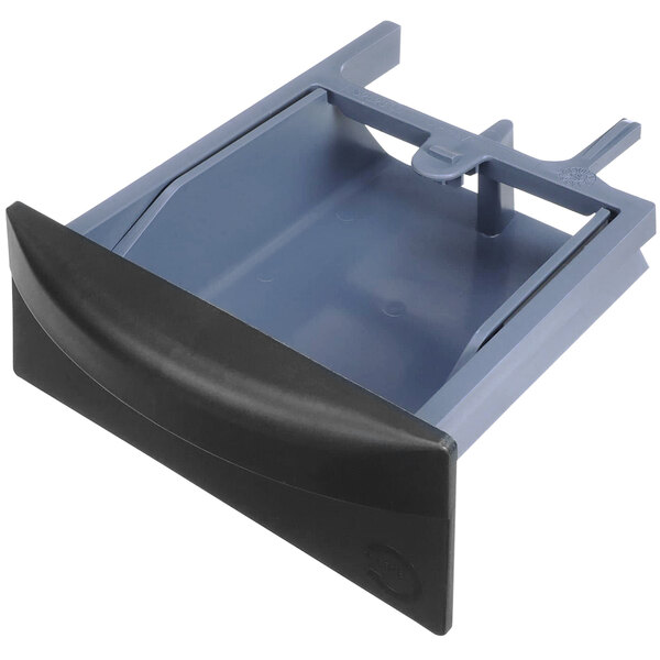 A grey plastic Rational drawer with a black and blue handle.