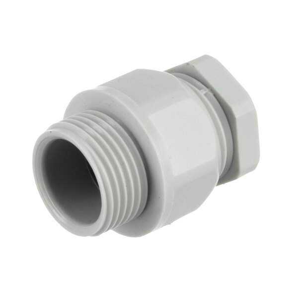 A close-up of a grey plastic pipe fitting.