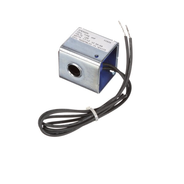 A close-up of a small metal Kolpak coil solenoid valve with black wires.