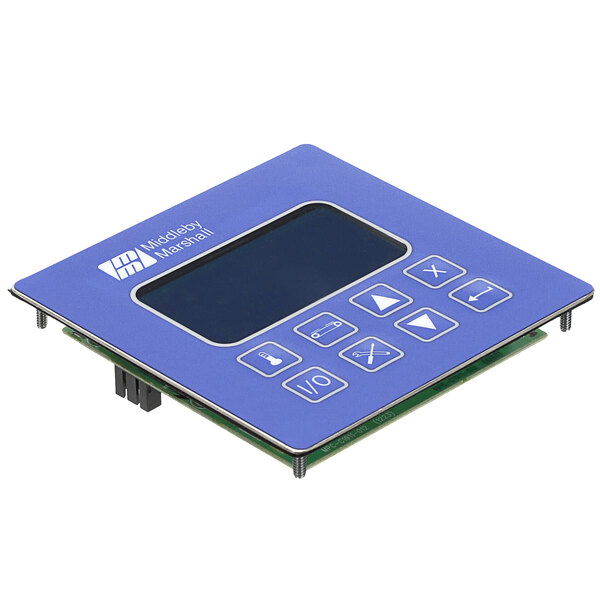 A blue rectangular electronic device with a screen.