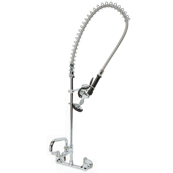 A chrome Equip by T&S wall mounted pre-rinse faucet with a curved hose.