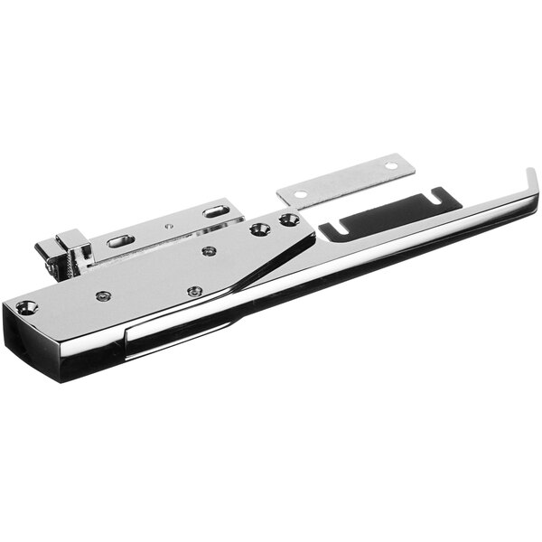 A stainless steel latch with a black handle and silver screws.