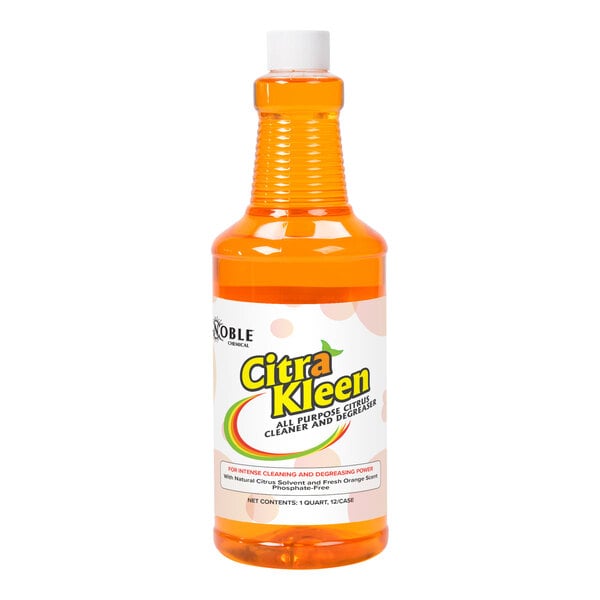 A bottle of Noble Chemical CitraKleen orange liquid with a logo.