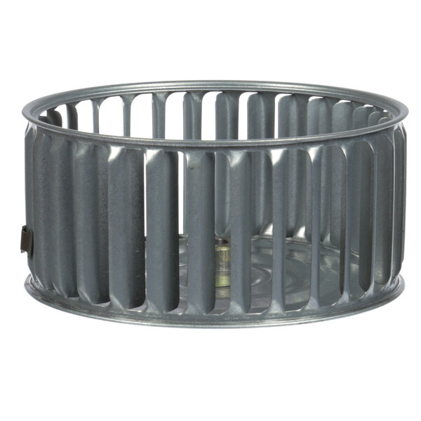 A metal circular fan blade with a round base and holes.