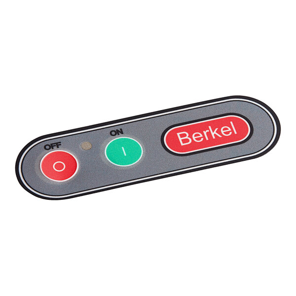 The upper decal for a Berkel meat slicer with red and green rectangular buttons and the word "Berkel"