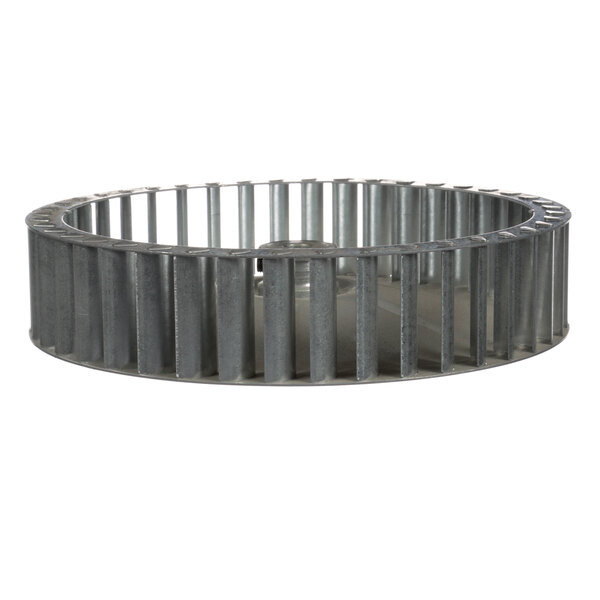 A circular metal fan blade with a white background.