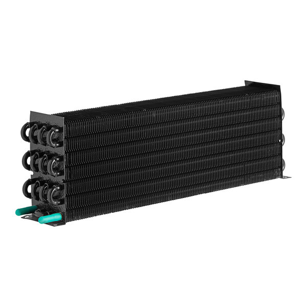 A black metal Beverage-Air evaporator coil with many tubes on a white background.