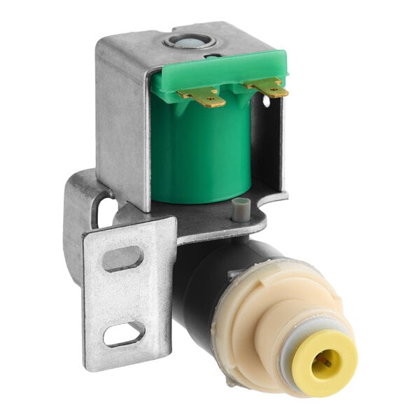 A Scotsman 12-3088-01 water valve with a metal bracket, green solenoid, and plastic fittings.