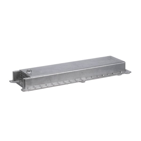 A metal rectangular waveguide with screws and holes.