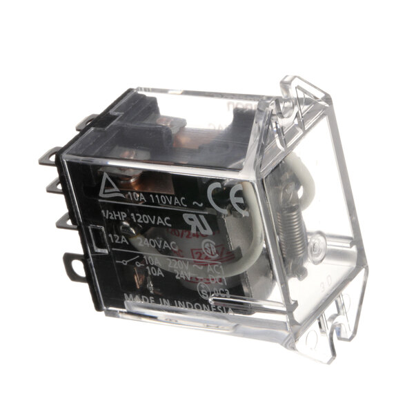 A clear plastic box with wires and a metal cover containing a Jackson 5945-111-89-75 Relay.