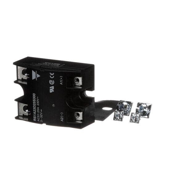 A black electrical device with screws and nuts and small crystals.