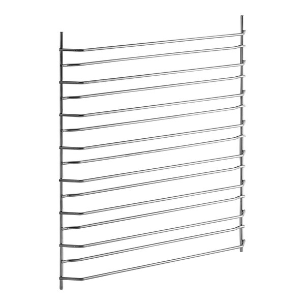 An Alto-Shaam stainless steel side rack with many metal rods.