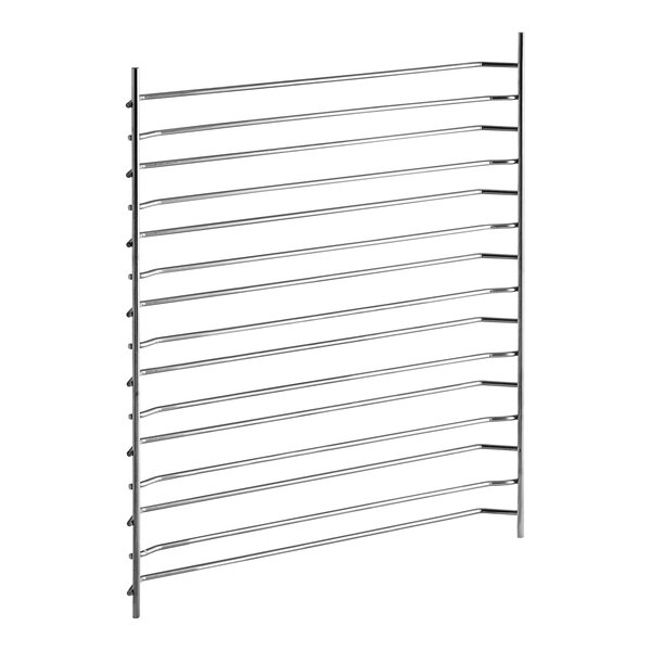 A stainless steel Alto-Shaam side rack with many metal rods.