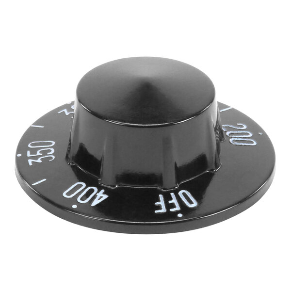 A black plastic Belshaw knob with white writing.