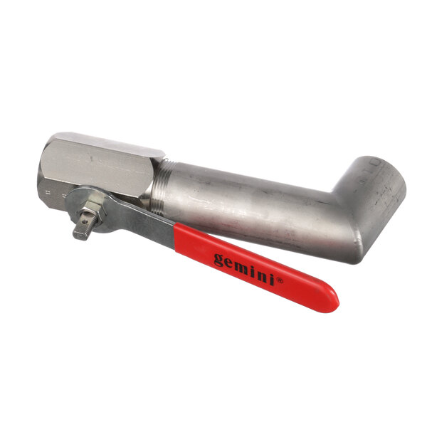 A stainless steel metal pipe with a red handle.
