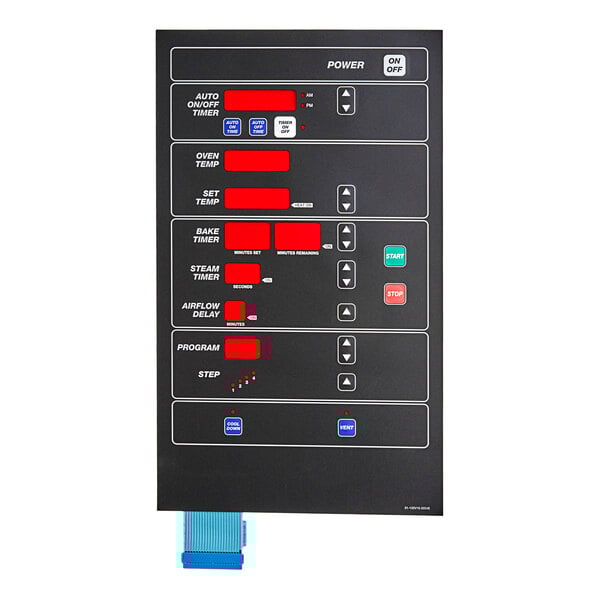 A white background with a black Baxter control panel with red buttons.