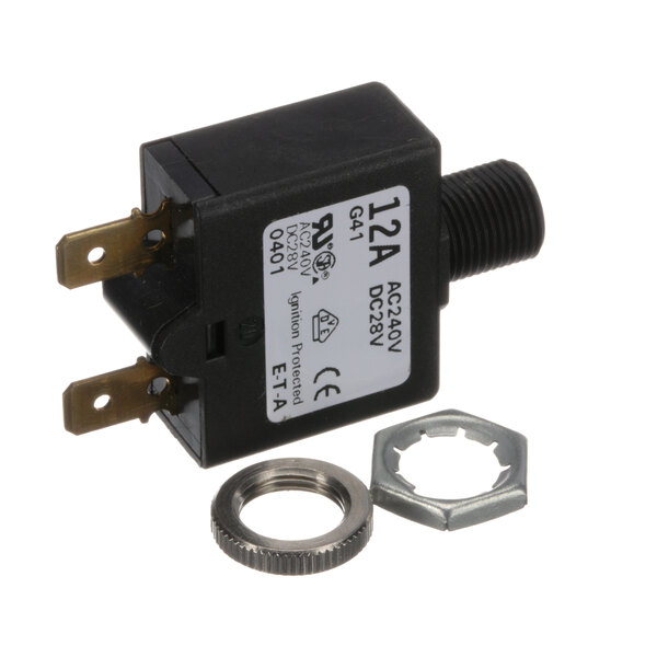 A black Berkel circuit breaker with a white label and a nut and bolt.