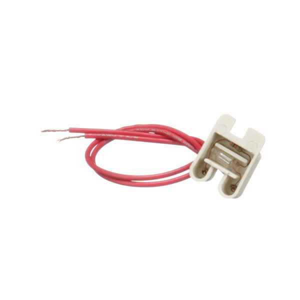 A close-up of a white and red wire connector on a white background.