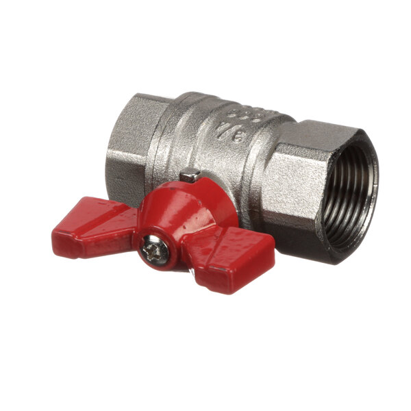 A close-up of a red BKI ball valve.