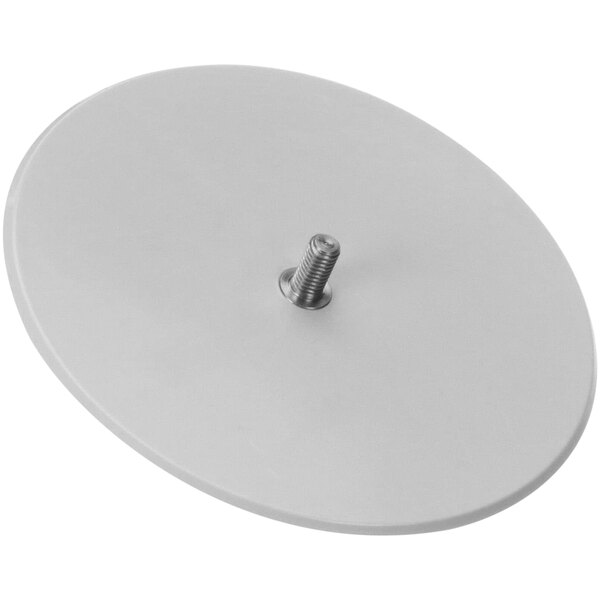 A white metal Cornelius retainer agitator plate with a screw on top.