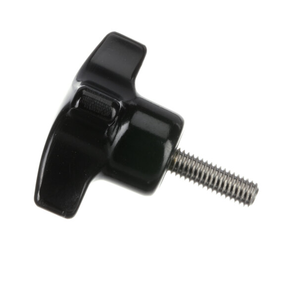 A close-up of a black star knob screw.