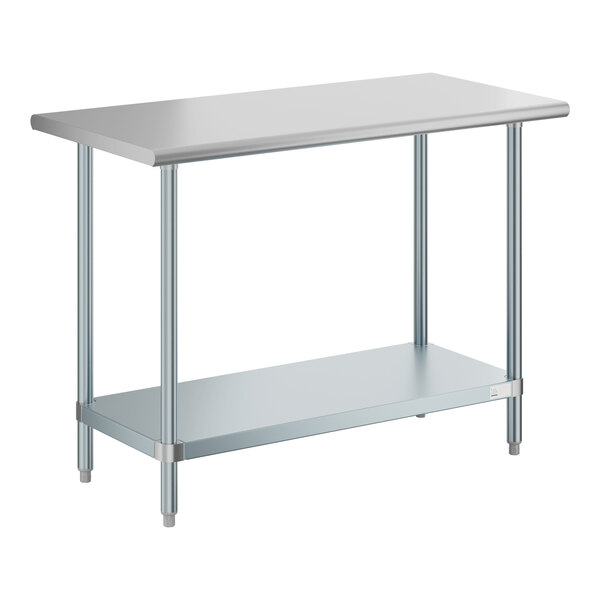 A white rectangular metal table with a shelf.