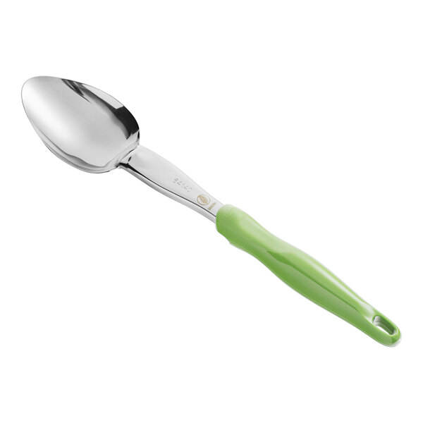 A Vollrath Jacob's Pride heavy-duty spoon with a green handle.