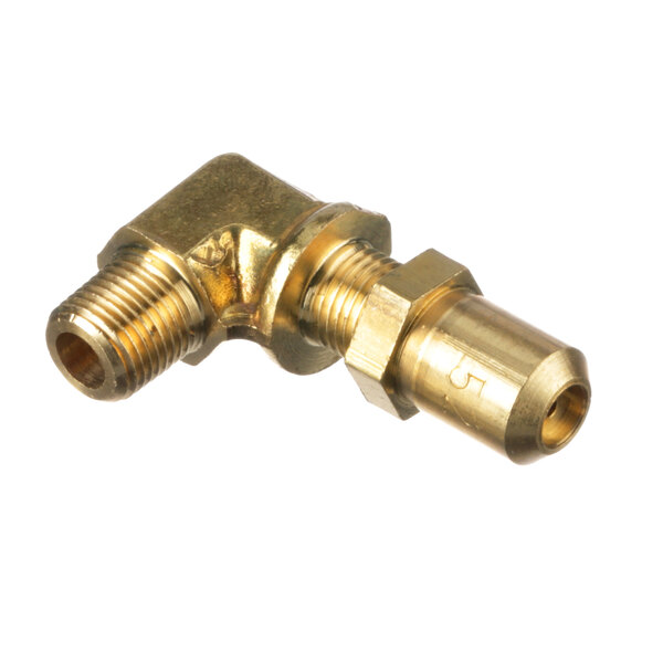 A brass pipe fitting with a gold nut.