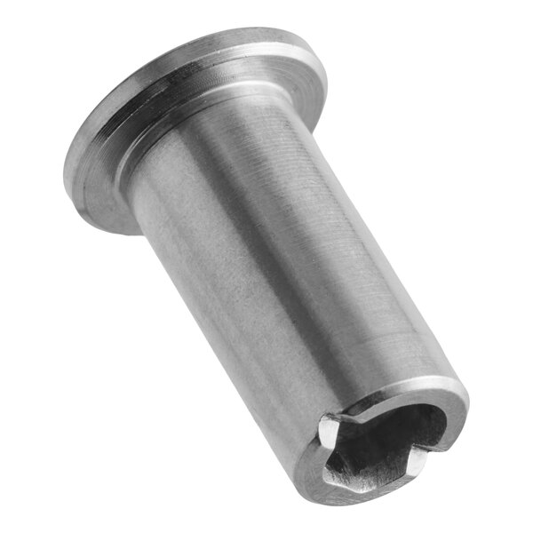 A cylindrical metal component with a flange on one end and a hollow, notched opening on the other end.