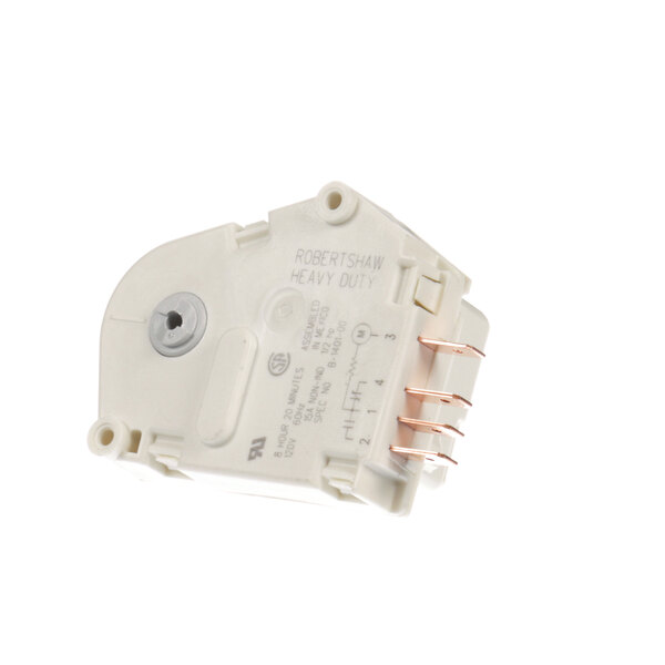 A white plastic Traulsen freezer defrost timer with copper wires.