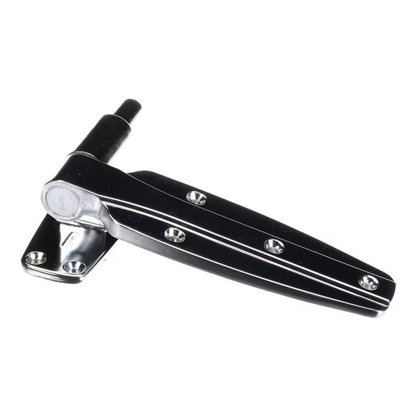 A metal hinge assembly with a polished finish and multiple screw holes for mounting.