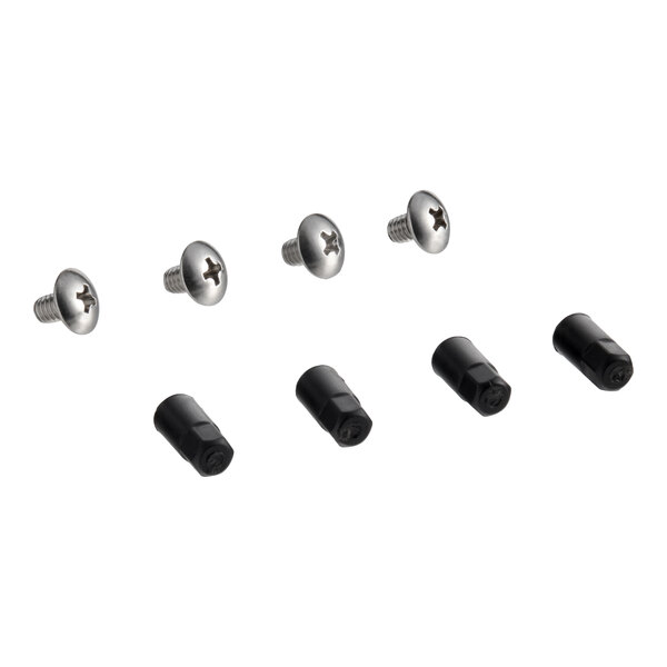 A set of four metal screws and four black pivot pins for Vitamix equipment.
