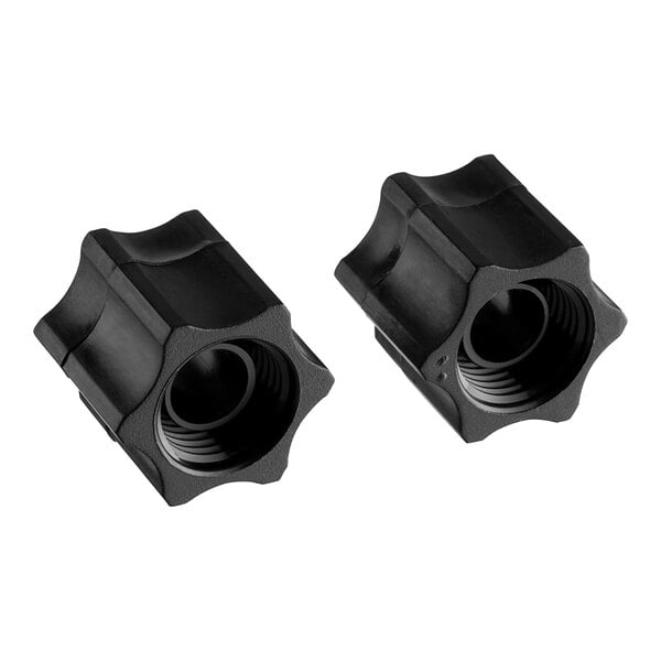 A pair of black plastic compression nuts.