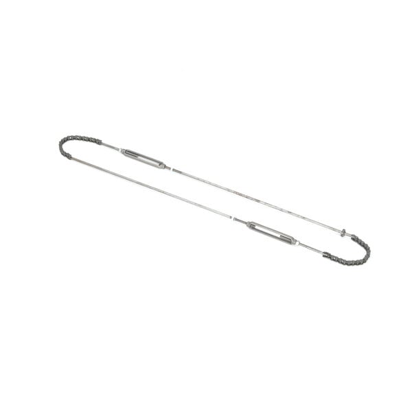 A long silver metal turnbuckle chain on a white background.