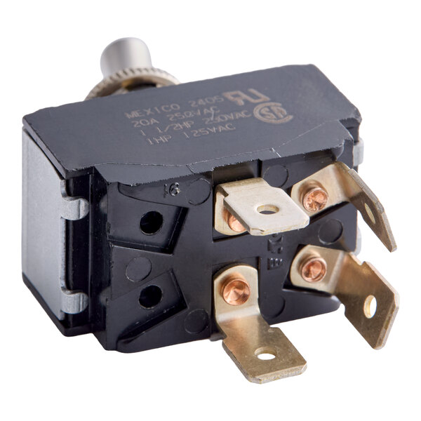 A rectangular black electrical switch with a metal toggle and four brass terminals.