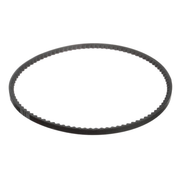 A black V belt for a Doyon bread slicer on a white background.