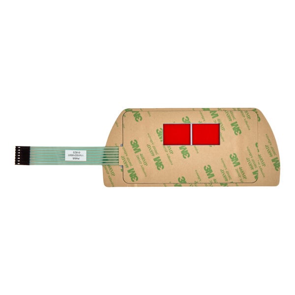 A flat, rectangular component with a flexible ribbon cable and adhesive backing, featuring two red rectangular sections.