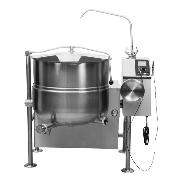 A large stainless steel natural gas tilting steam jacketed kettle with a control panel and spout, designed for commercial cooking applications.