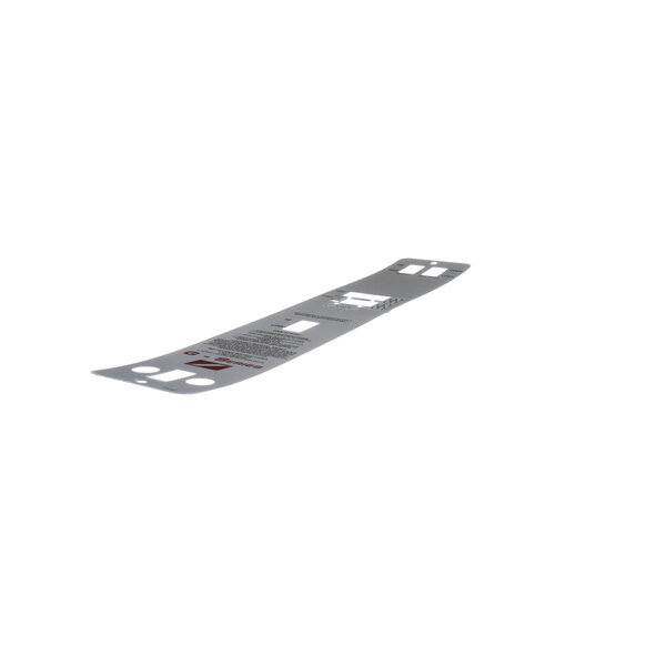 A white rectangular metal decal with red and black text.
