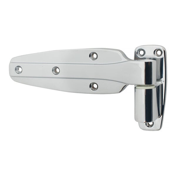 A chrome-plated offset hinge with multiple screw holes for mounting.