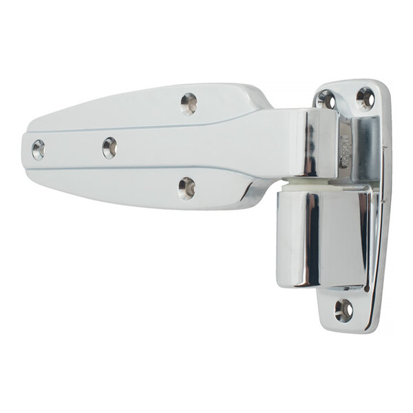 A chrome-plated offset hinge with multiple screw holes for mounting.
