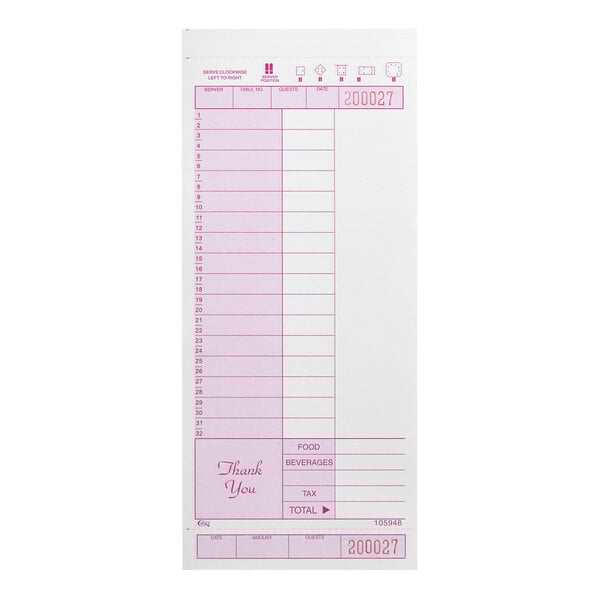 A purple and white carbonless guest check used for recording orders in restaurants.